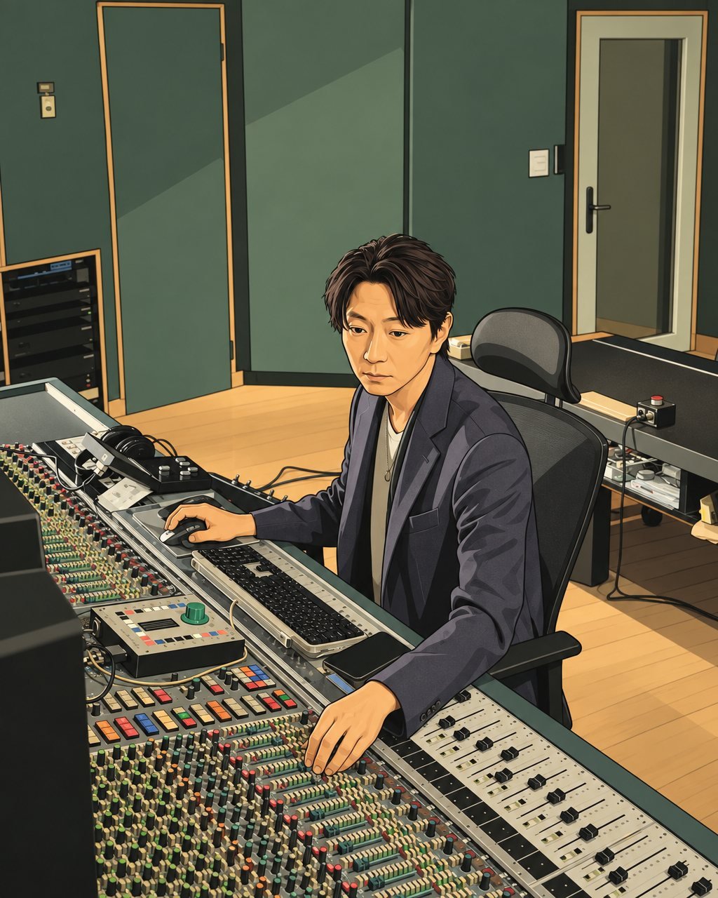Illustration of Sichul Kim working at the console in the Trinity Sound control room