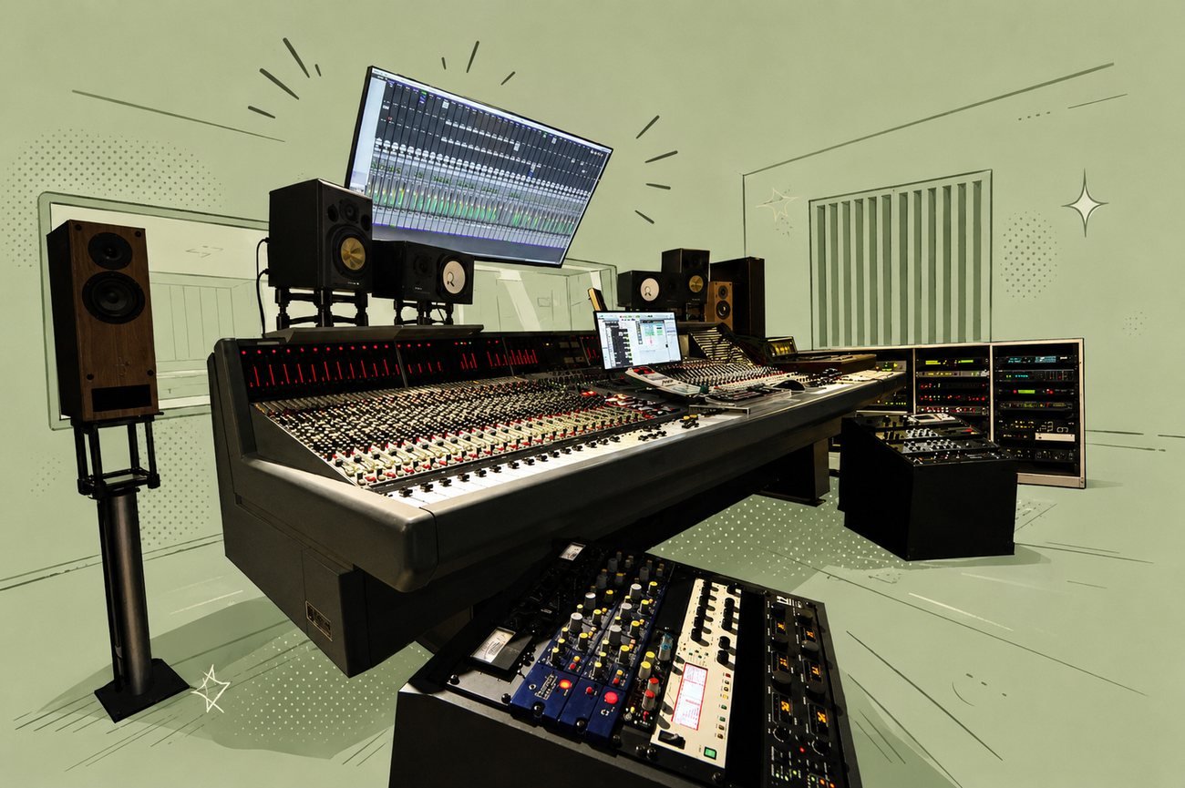 The NEVE VR48 console and outboard racks, photo-real gear set in a hand-drawn sage room