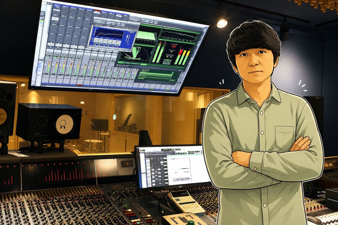 Sichul Kim standing arms crossed in the Trinity Sound control room, rendered with a comic keyline over the real studio